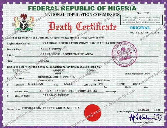 Nigeria vital record death certificate PSD template, version 2